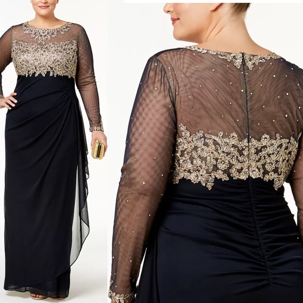XSCAPE Plus Size Embroidered Illusion Gown, Size 16W